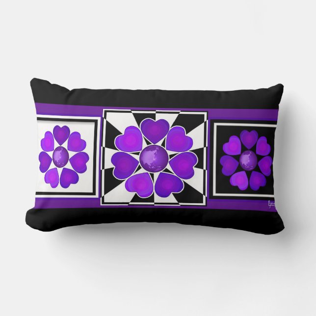 B&W Purple Hearts Beating Lumbar Cushion (Front)