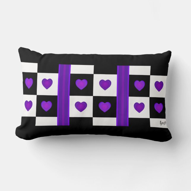 B&W Purple Hearts Beating Lumbar Cushion (Front)