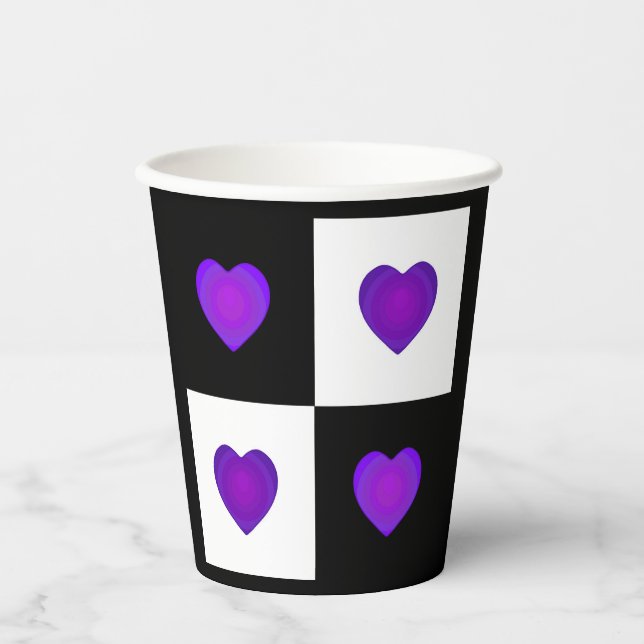 B&W Purple Hearts Beating Paper Cups (Front)