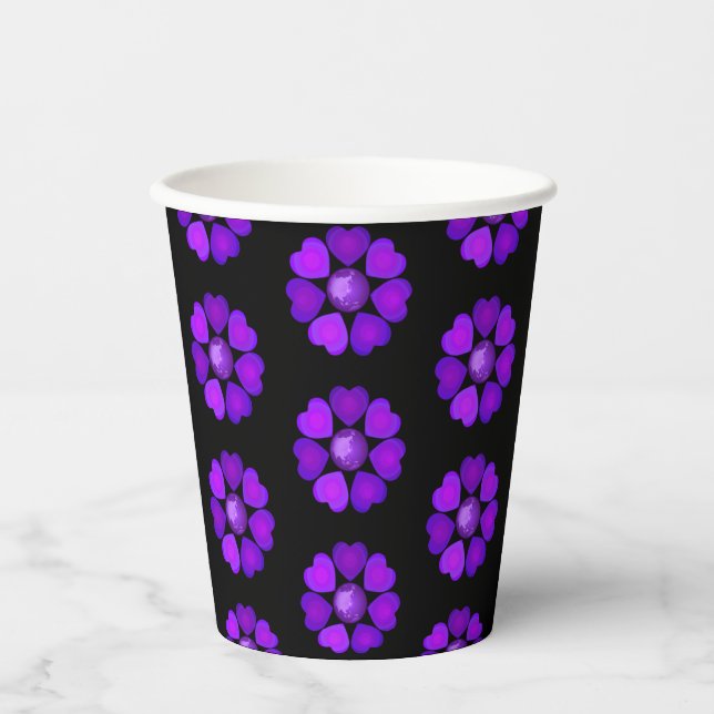 B&W Purple Hearts Beating Paper Cups (Front)