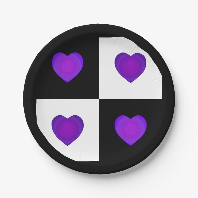 B&W Purple Hearts Beating Paper Plate (Front)