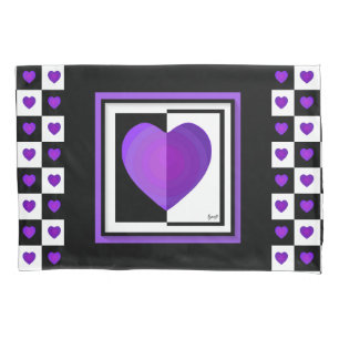B&W Purple Hearts Beating Pillowcase