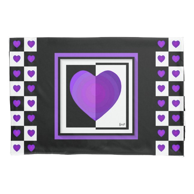 B&W Purple Hearts Beating Pillowcase (Front)