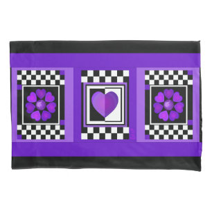 B&W Purple Hearts Beating Pillowcase