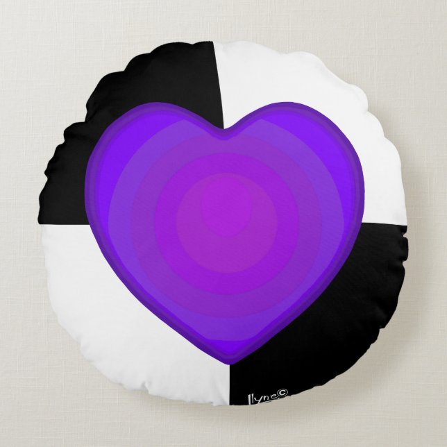 B&W Purple Hearts Beating Round Cushion (Front)