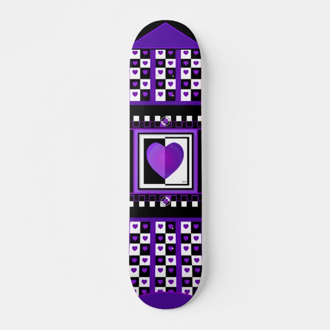B&W Purple Hearts Beating Skateboard (Front)