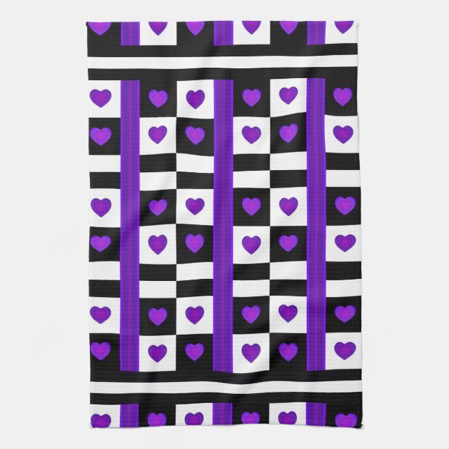 B&W Purple Hearts Beating Tea Towel (Vertical)