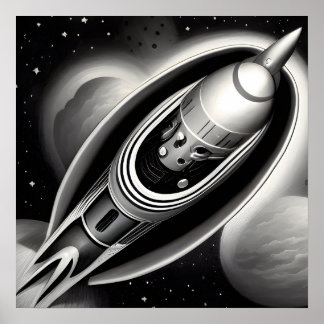 B&W Retro Rocket Poster