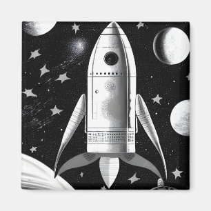B&W Retro Rocket Ship Magnet
