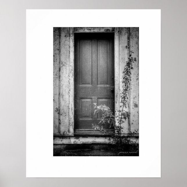 B&W Rustic Abandoned Building Door Poster Print (Front)