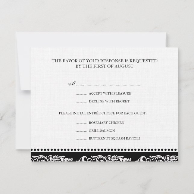 B&W scroll elegant rsvp wedding response card (Front)