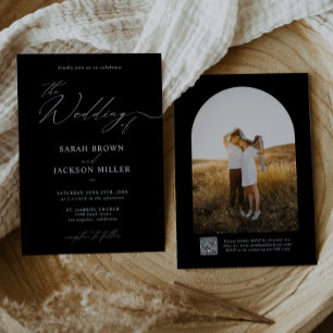 B & W Simple Elegant Modern Script QR Code Wedding Invitation