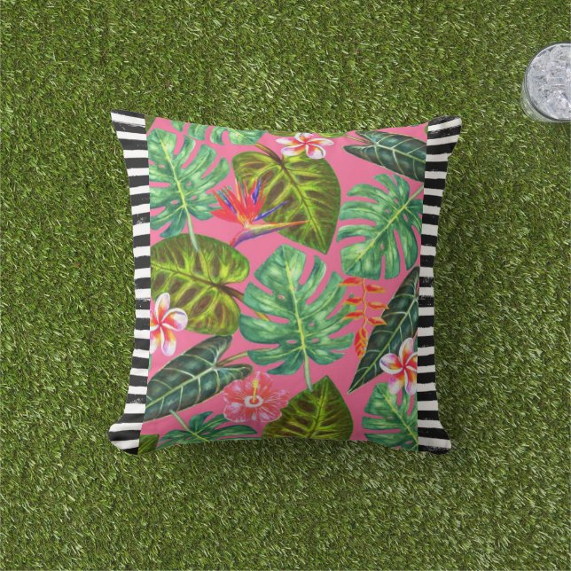B&W Striped Pink Tropical Throw Pillow (Grass)