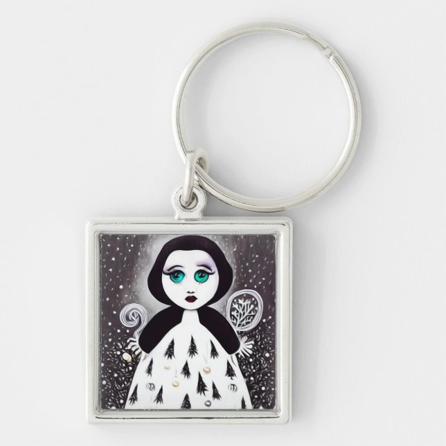 B&W Surreal Pop Xmas Tree Dress Doll Key Ring (Front)