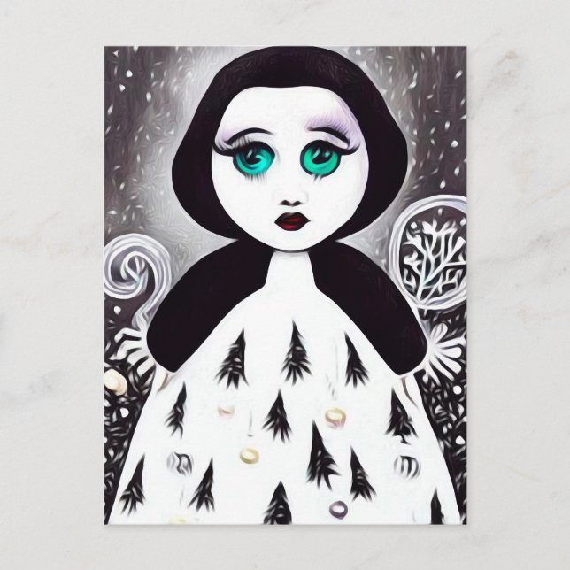 B&W Surreal Pop Xmas Tree Dress Doll Postcard (Front)