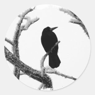 B&W Winter Raven Edgar Allan Poe Classic Round Sticker