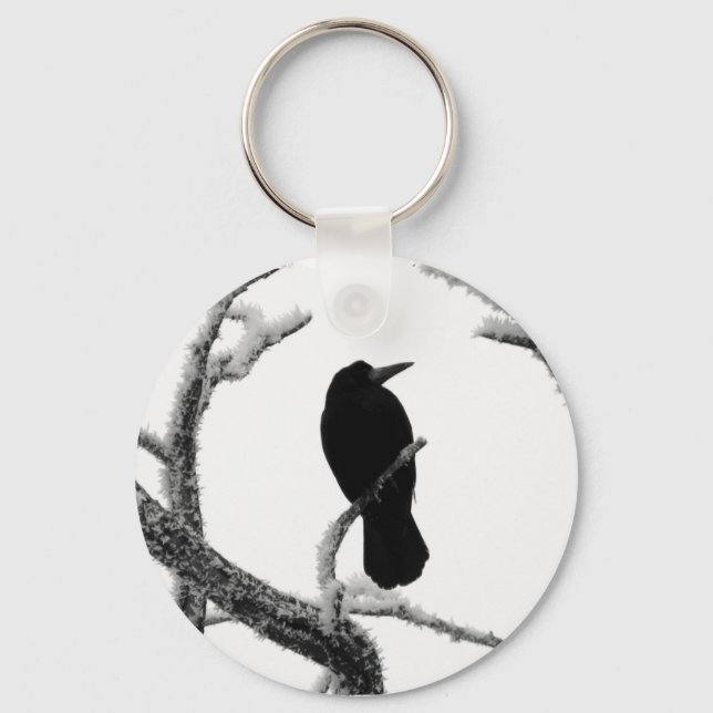 B&W Winter Raven Edgar Allan Poe Key Ring (Front)