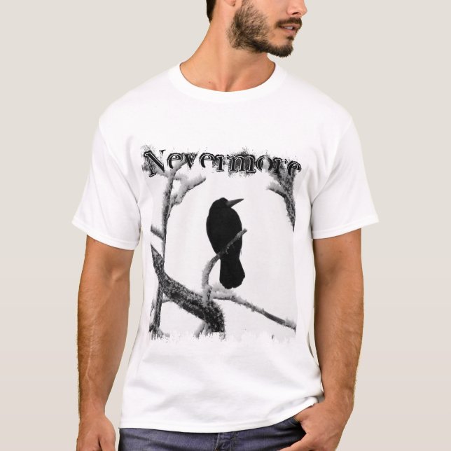B&W Winter Raven Edgar Allan Poe Nevermore T-Shirt (Front)