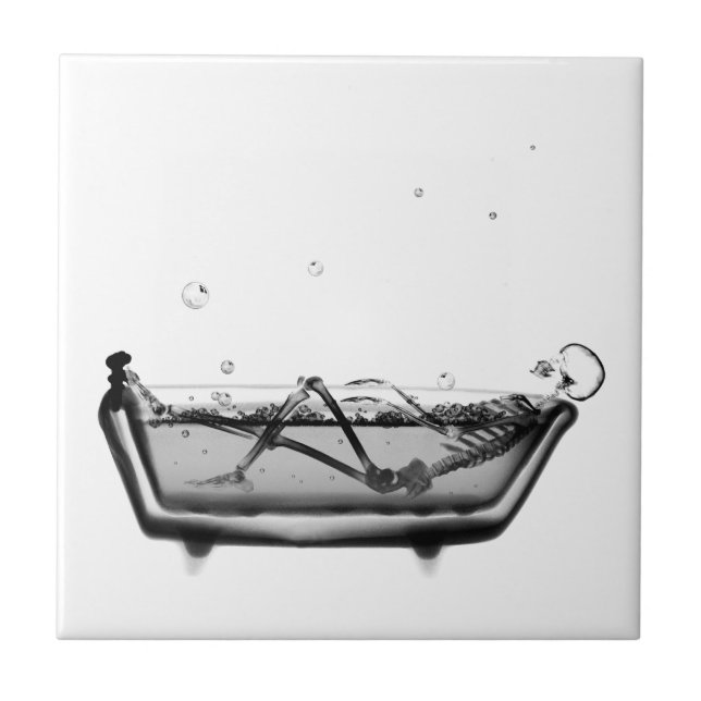B&W X-Ray Skeleton in Bath Bathing Skull Ceramic Tile (Front)