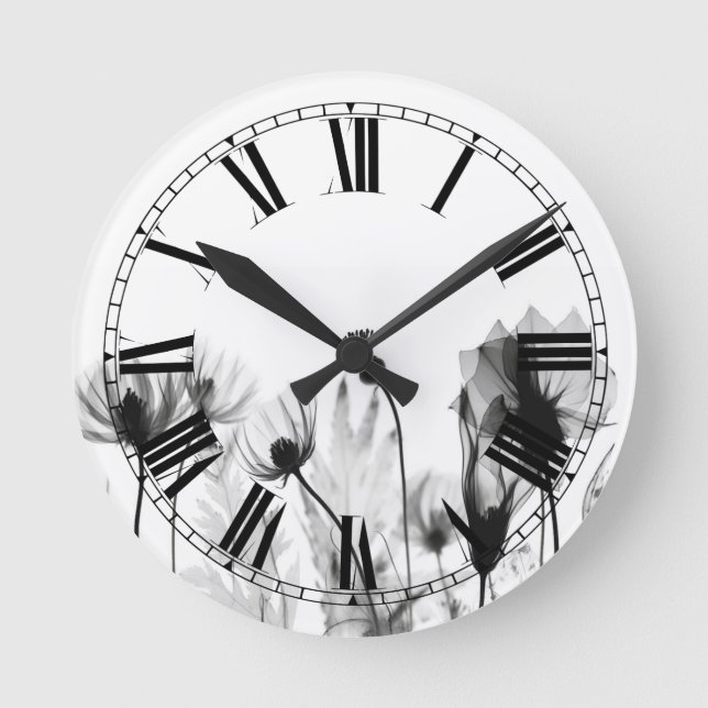 B&W X-Ray Wildflowers Round Clock (Front)