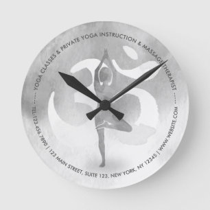 B&W Yoga Instructor Meditation Tree Pose Om Symbol Round Clock