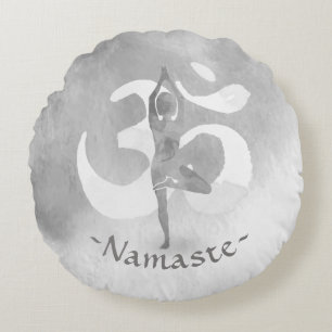 B&W Yoga Instructor Meditation Tree Pose Om Symbol Round Cushion
