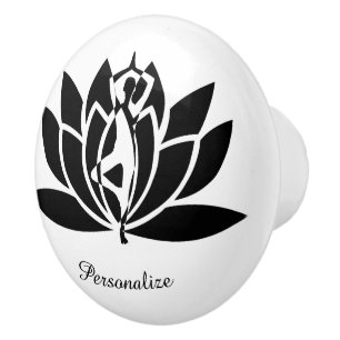 B & W Yoga Zen Lotus Flower Personalise Dresser Ceramic Knob
