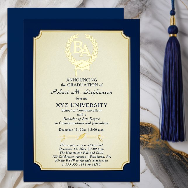 BA - Bachelor of Arts Degree College Graduation (Elegant "BA" Bachelor of Arts Degree Blue, Ivory and Gold Foil Formal College Graduation Invitation)