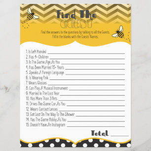 Ba-Bee Baby Shower Find The Guest Game Print Outs Flyer