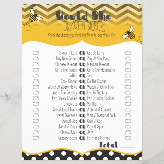 Ba-Bee Baby Shower Would She Rather Game Print Out Flyer (Front)