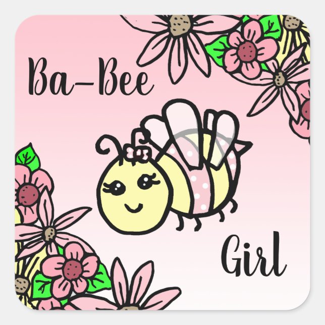 Ba-Bee Girl Honey Bee and Flowers Baby Shower Square Sticker (Front)