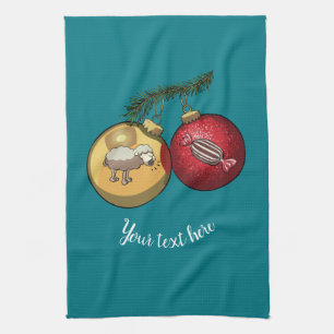 Baa Humbug Baubles Christmas Sheep & Candy Cartoon Tea Towel
