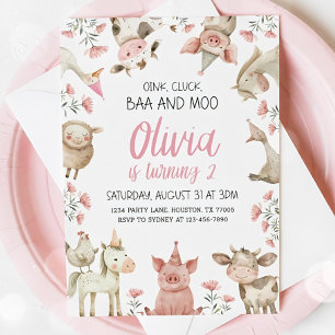 Baa Oink Moo I'm Two Invitation, Farm Girl 2nd Bir Invitation