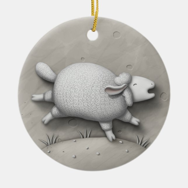 Baa Relief Cute Galloping Sheep Ceramic Ornament (Front)