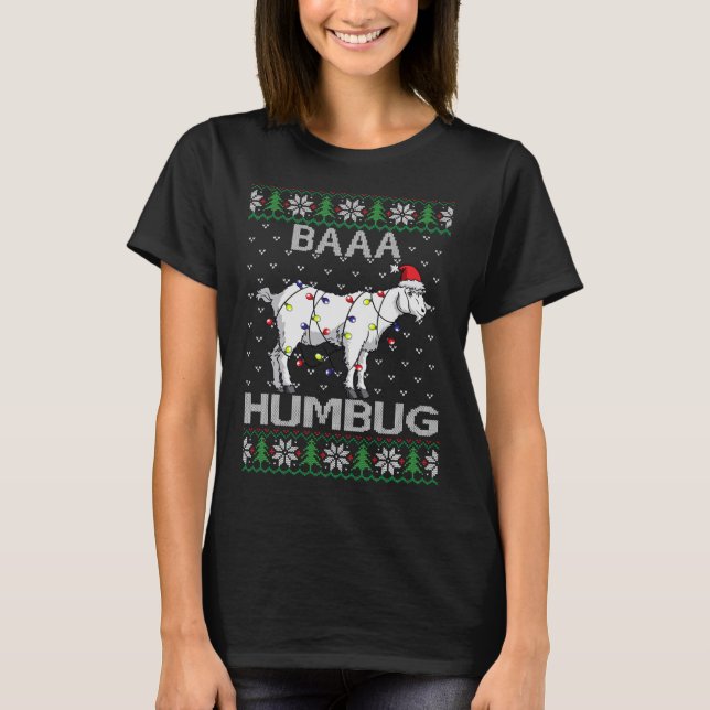 Baaa Humbug Goat Santa Hat Christmas Lights Ugly S T-Shirt (Front)