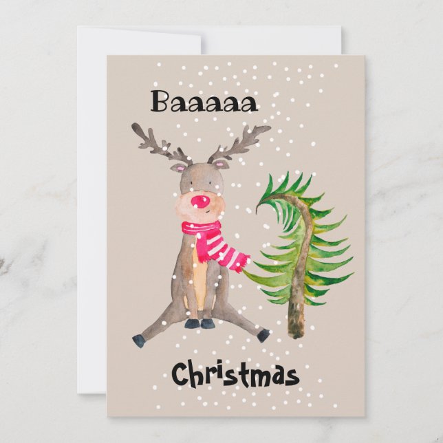 Baaaaa Christmas Watercolor Reindeer Holiday Card (Front)