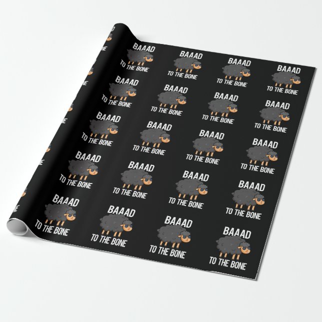 Baaaad To The Bone Funny Black Sheep Pun Dark BG Wrapping Paper (Unrolled)
