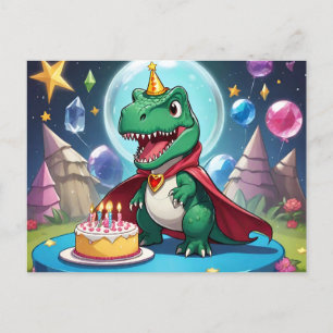 Babay T-Rex in cape in front of birthday cake Postcard