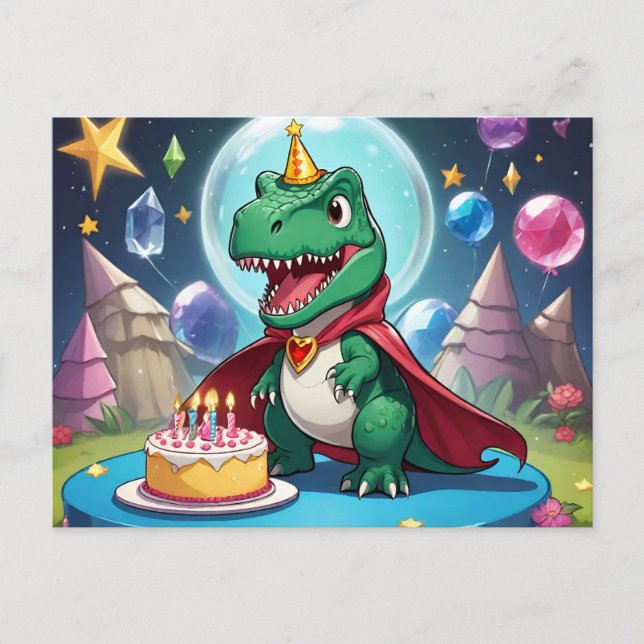 Babay T-Rex in cape in front of birthday cake Postcard (Front)