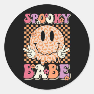 Babe Groovy Halloween Leopard Smile Face Chequered Classic Round Sticker
