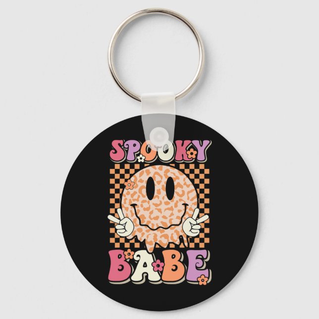 Babe Groovy Halloween Leopard Smile Face Chequered Key Ring (Front)