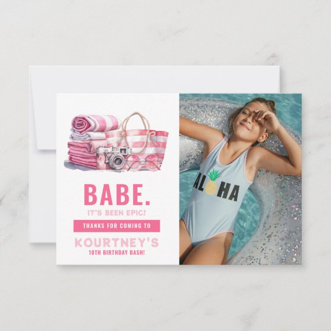 BABE Pink Pool Party Girl Birthday  Thank You Card (Front)
