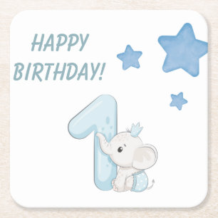 Babies 1st Birthday Cute Blue Baby Elephant &Stars Square Paper Coaster