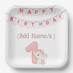Babies 1st Birthday Cute Elephant and Bunting Paper Plate