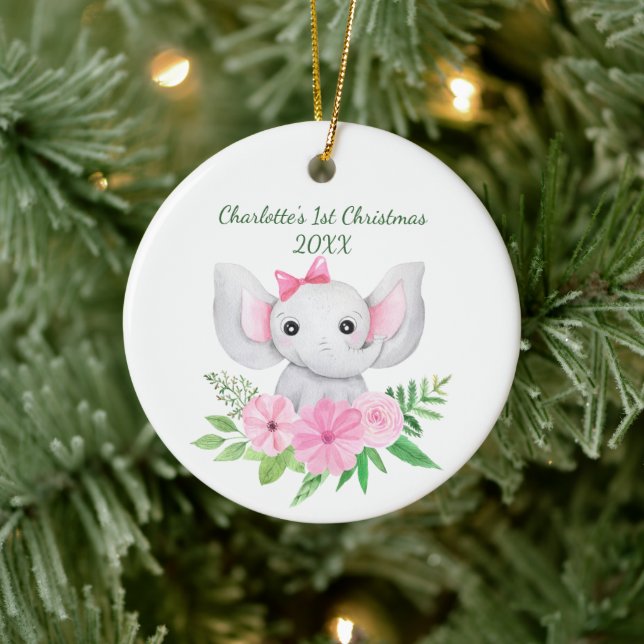Babies 1st Christmas Pink Elephant Green Floral Ceramic Ornament (Tree)