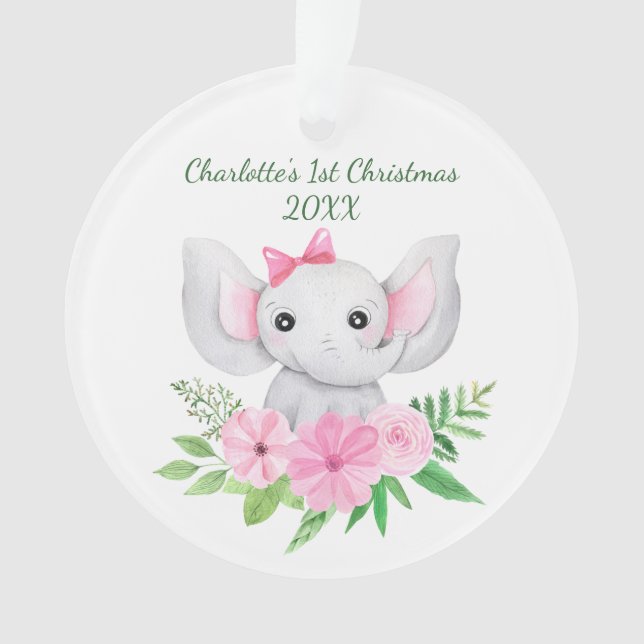 Babies 1st Christmas Pink Elephant Green Floral  Ornament (Front)