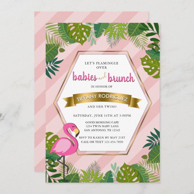 Babies and Brunch Twins Flamingo Baby Shower Invitation (Front/Back)