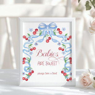 Babies are sweet Cherry Blue Bow Baby shower Poster