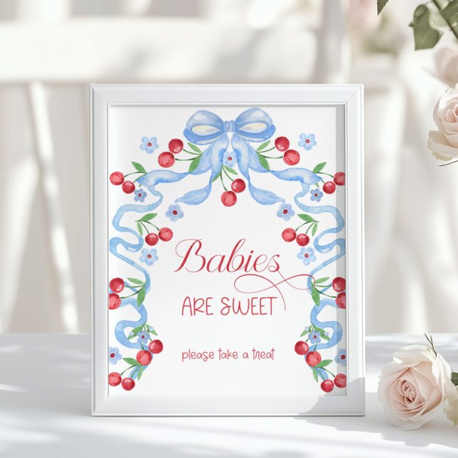 Babies are sweet Cherry Blue Bow Baby shower Poster (Creator Uploaded)