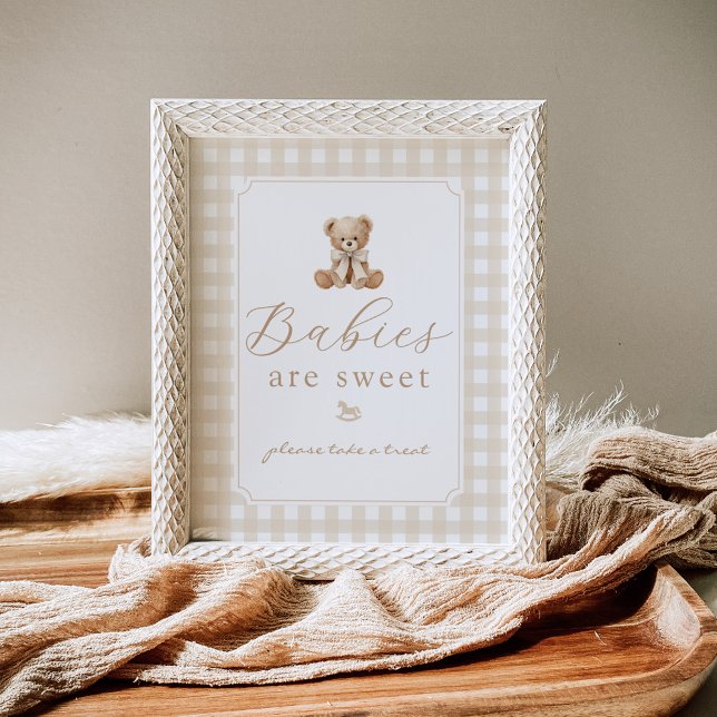 Babies are sweet teddy bear neutral gingham poster (Creator Uploaded)